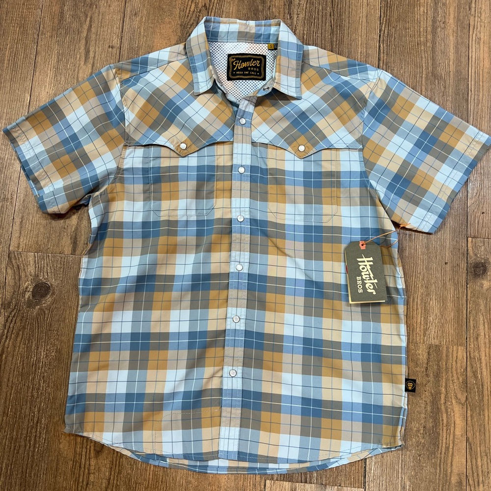 Howler Brothers Blue and Yellow Casual Plaid Pearl Snap Shirt NWT